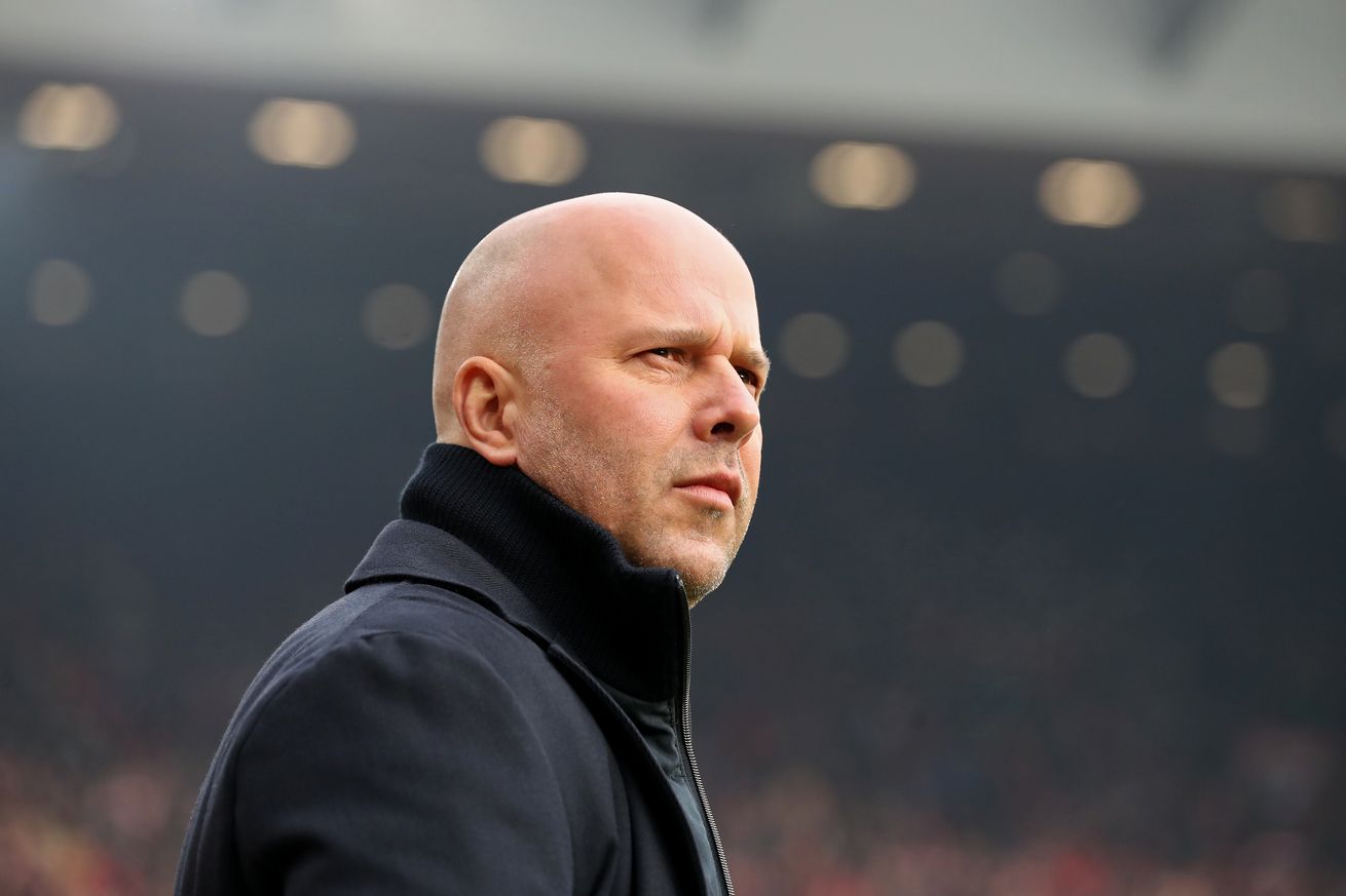 Arne Slot, Manager of Liverpool, looks on prior to the Emirates FA Cup Third Round match between Liverpool and Accrington Stanley at Anfield on January 11, 2025 in Liverpool, England.