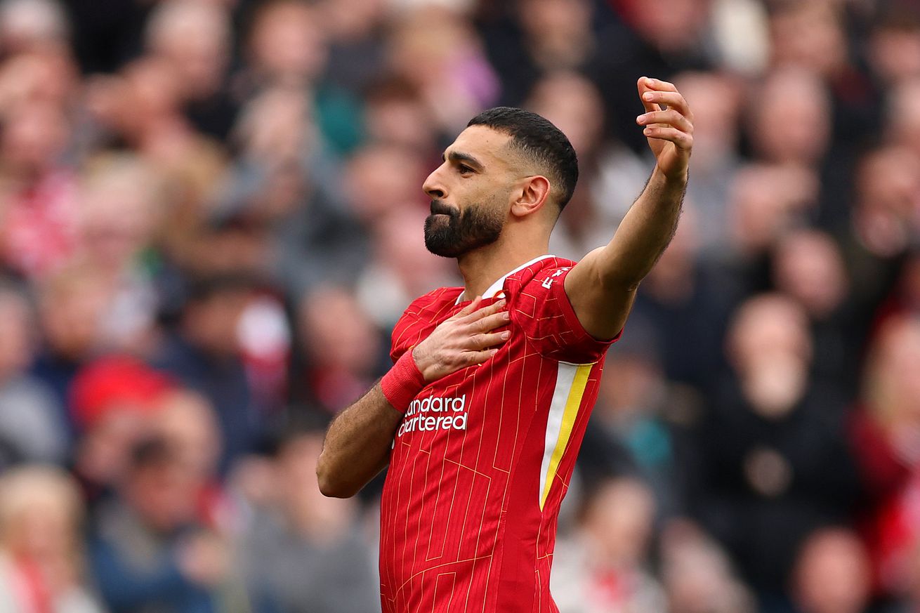 Mohamed Salah of Liverpool celebrates scoring his team’s second goal during the Premier League match between Liverpool FC and Southampton FC at Anfield on March 08, 2025 in Liverpool, England.