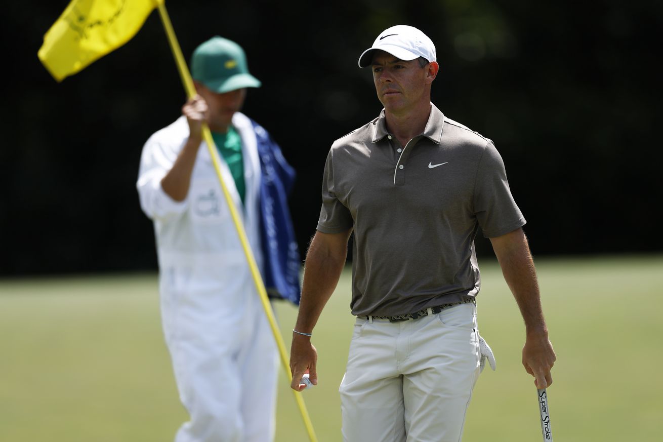 Rory McIlroy of Northern Ireland reacts after a birdie on the fifth hole during the first round of the 2025 Masters Tournament at Augusta National Golf Club on April 10, 2025 in Augusta, Georgia.