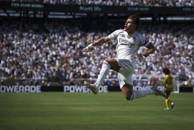 Fran Garcia of Real Madrid CF celebrates after scoring a...