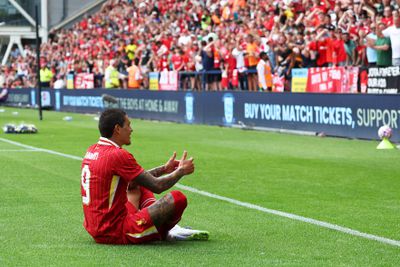 Darwin Núñez celebrates scoring his team’s second goal with the now-famous Jota FIFA celebration during the pre-season friendly match between Preston North End and Liverpool at Deepdale.